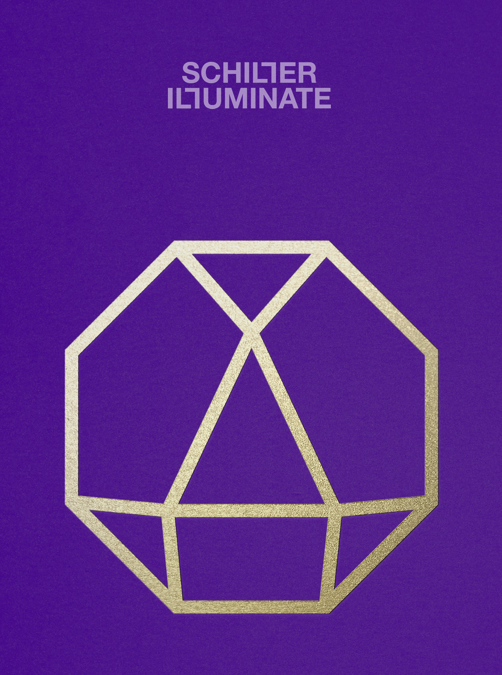 Ein violetter Hintergrund mit einer goldenen geometrischen Form und Text.