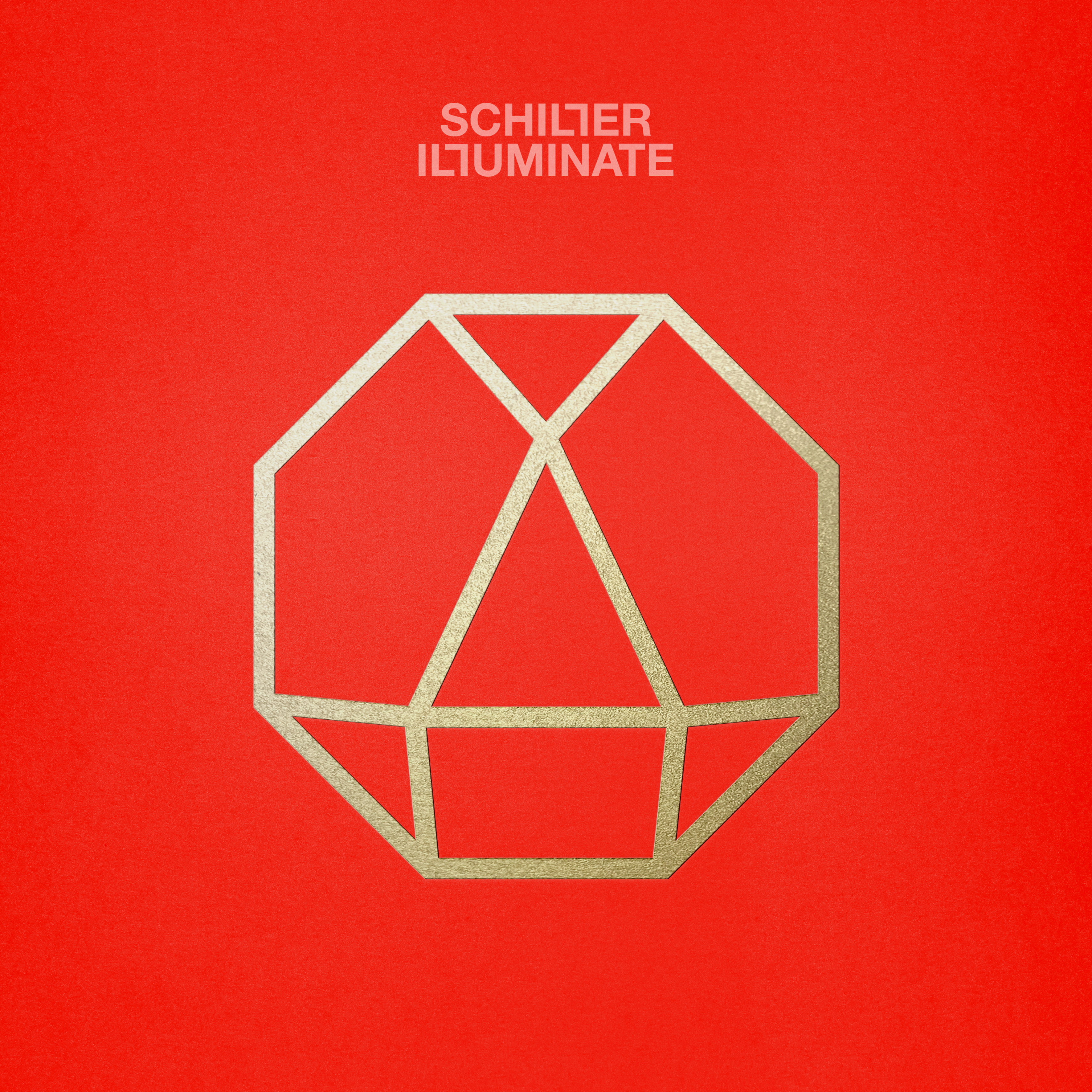 Goldenes geometrisches Design auf rotem Hintergrund. Text oben: SCHILLER ILLUMINATE.