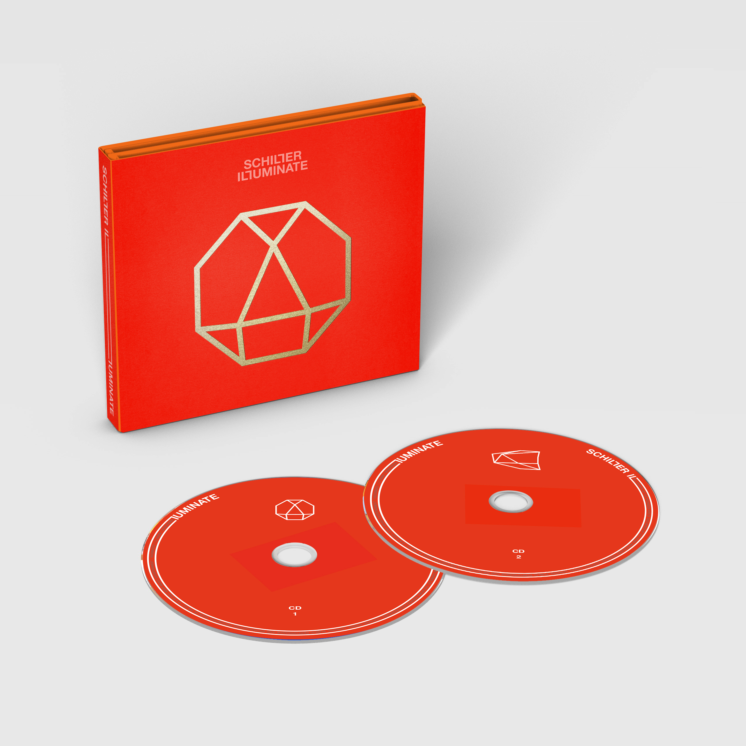 Albumcover, leuchtendes Orange mit goldenem geometrischen Design und zwei CDs.