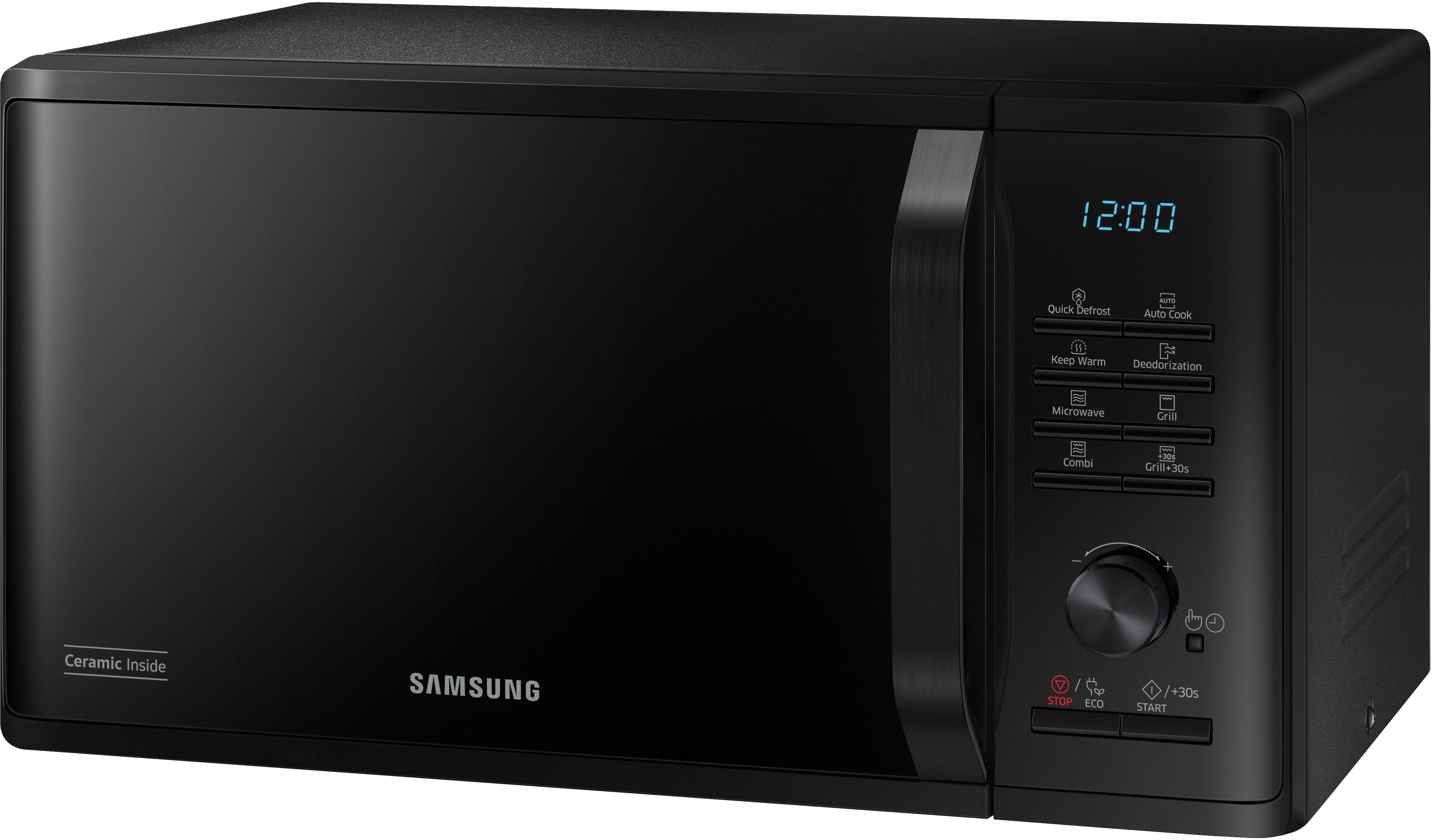 A black Samsung microwave with a digital display and control panel.