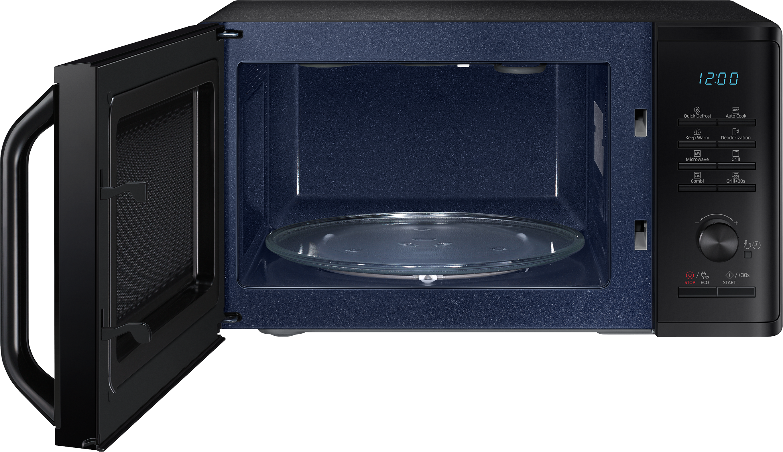 Open black microwave with glass plate, control panel on the right.