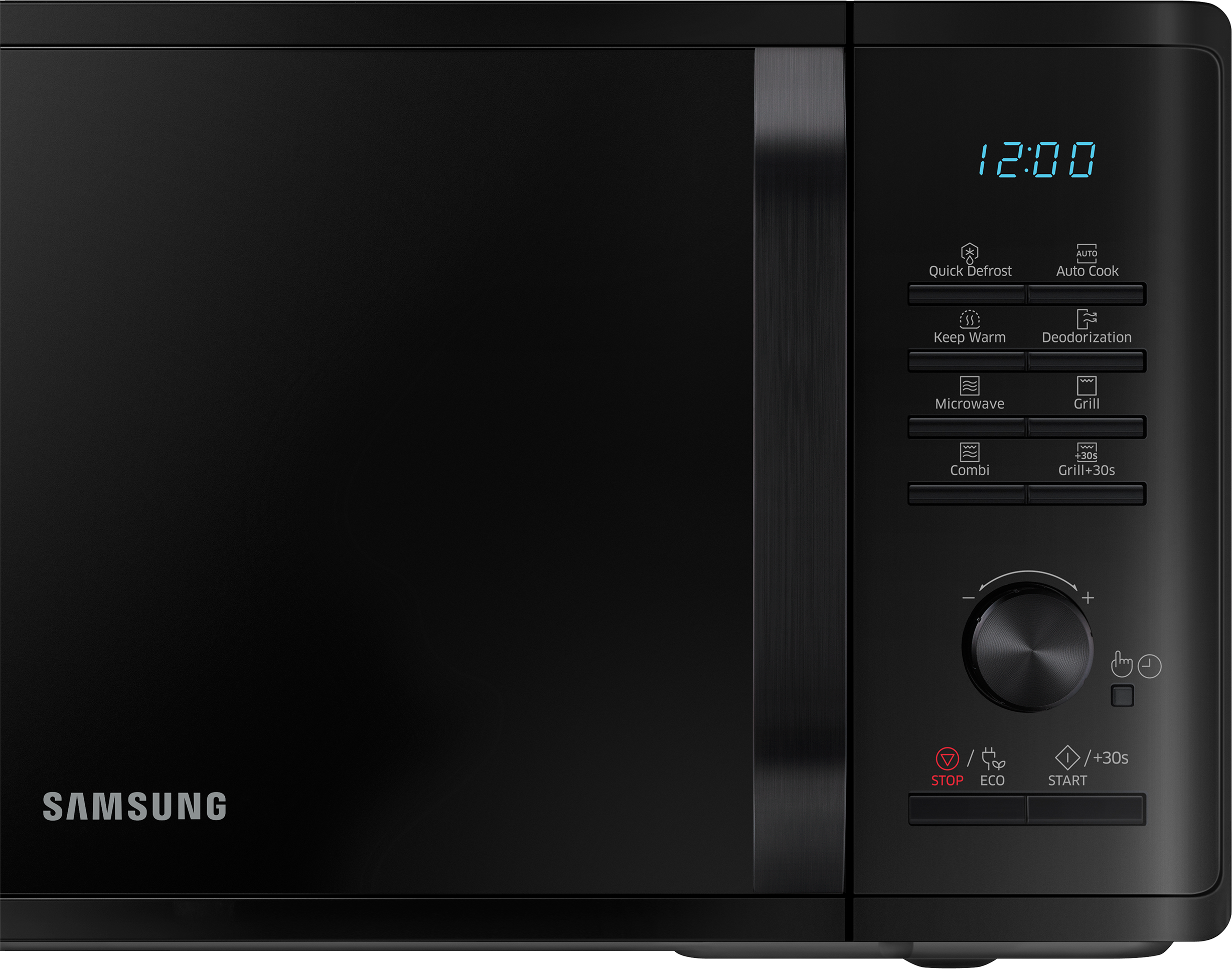 Black Samsung microwave oven. Features buttons, digital display showing time, and a dial. Silver trim.