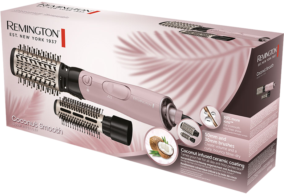 Remington Haarglätter-Box. Rosafarbener Haarglätter, mit Aufsätzen. Coconut Smooth.