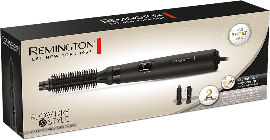 Eine Remington 'Blow Dry & Style' Haarstyler-Box. Sie ist schwarz und weiß.