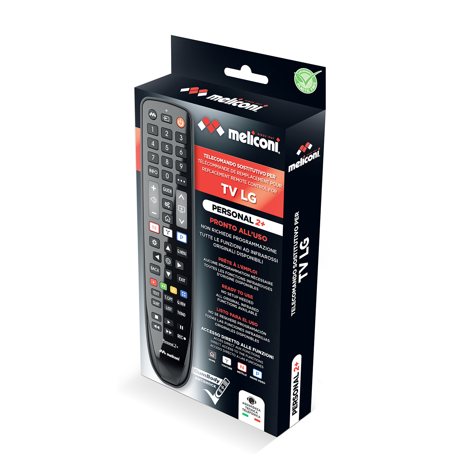 Una scatola del telecomando TV, telecomando nero con pulsanti, su sfondo bianco.
