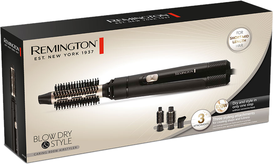 Remington Blow Dry Style Air Styler Box. Text und Bilder, die das Produkt und seine Funktionen zeigen.