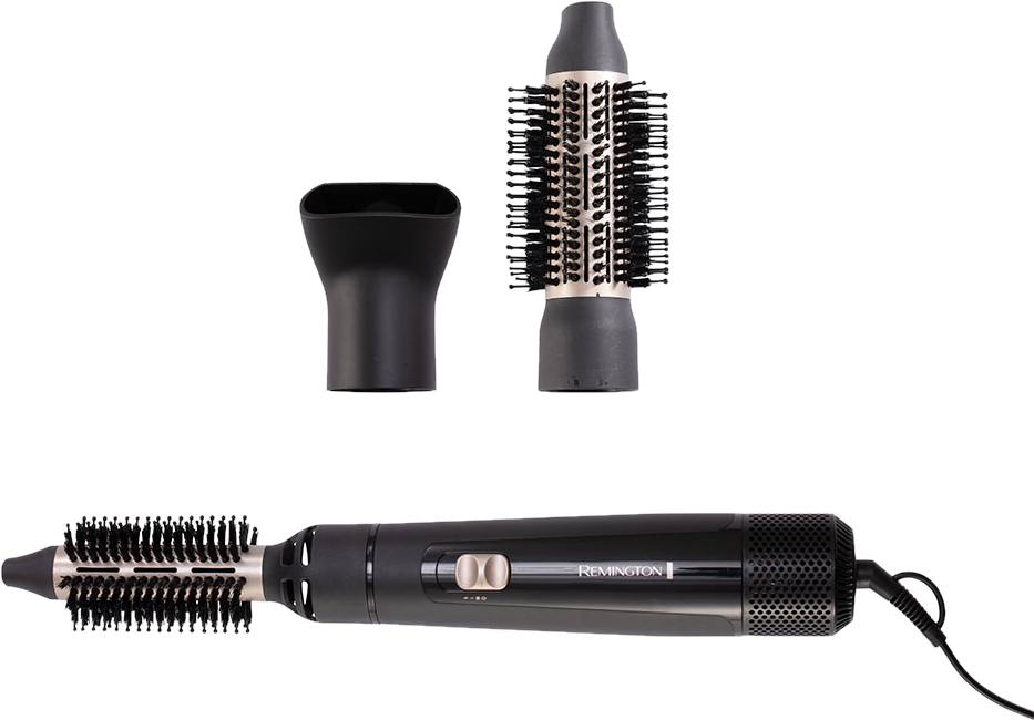 Ein schwarzer Remington Haarstyler mit drei abnehmbaren Teilen, auf weißem Hintergrund.