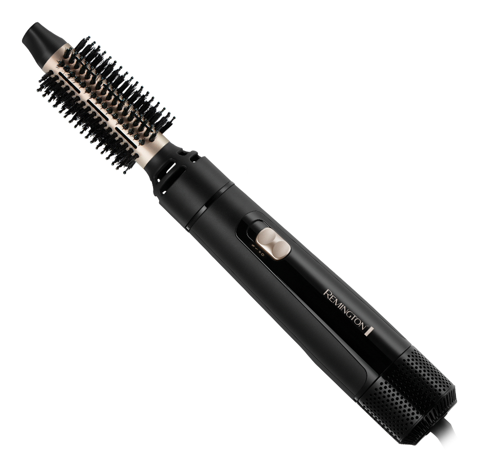 Ein schwarzer Remington Haarstyler mit rundem Bürstenkopf auf schwarzem Hintergrund.