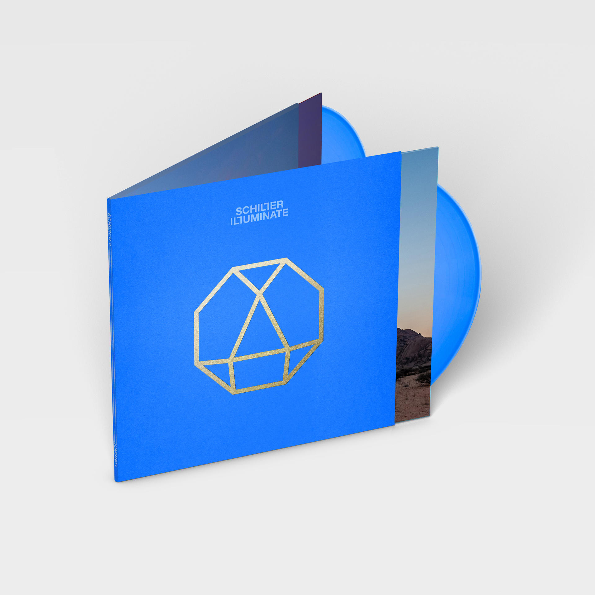 Vinyl-Schallplattencover, blau mit einem goldenen geometrischen Design und dem Namen des Künstlers.