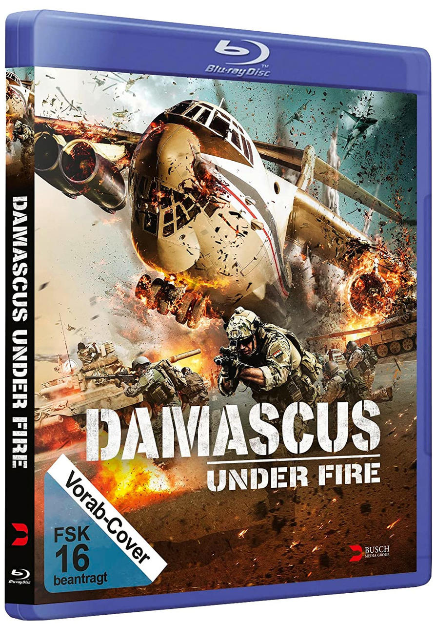 Eine blau bedeckte DVD von 'Damascus Under Fire' mit Soldaten und einem Flugzeug auf dem Cover.