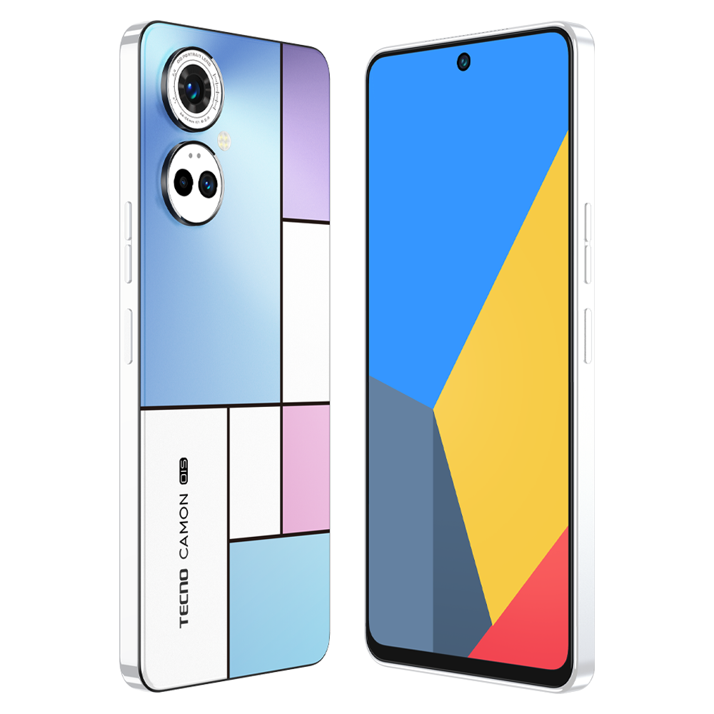 Arkada geometrik desenli ve önde ekranı olan akıllı telefon.