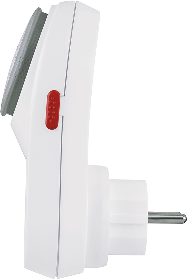 Een wit elektronisch apparaat met een grijze bovenkant en een rode knop aan de zijkant.