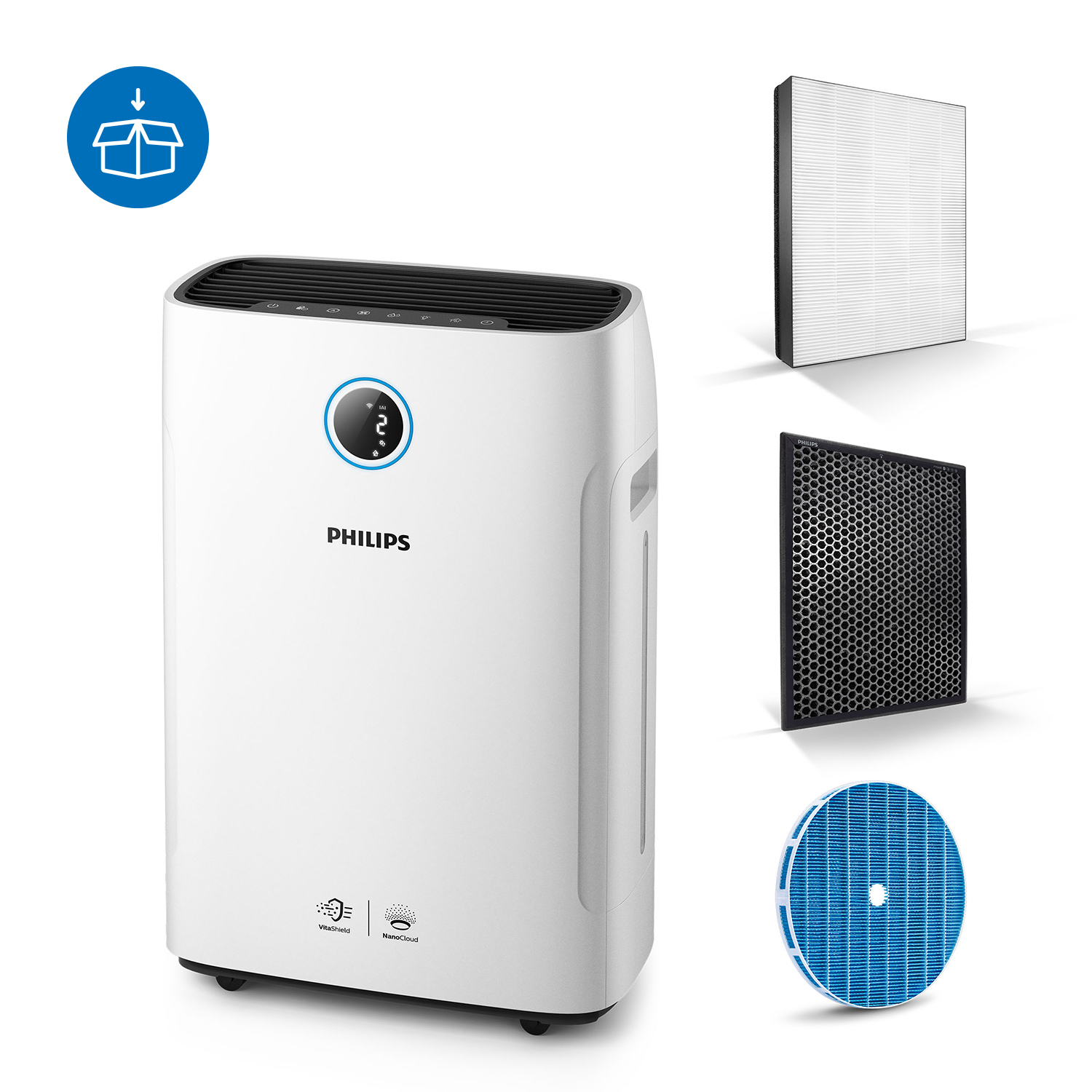 Purificatore d'aria Philips bianco con filtri e un'icona a forma di scatola nell'angolo.