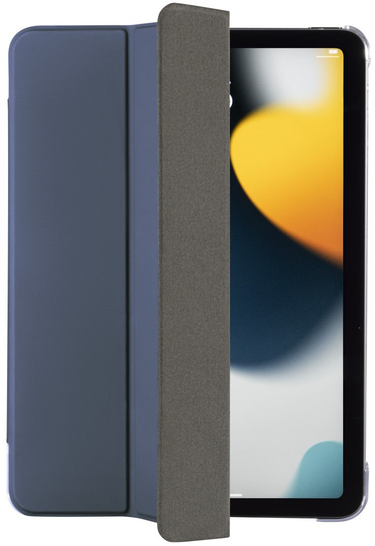 Tablet in dark blue case, open showing screen. Gray spine.