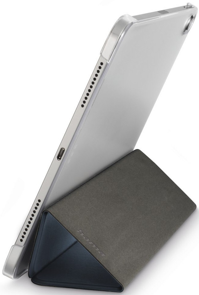 Silver tablet in a grey triangular case. The tablet is leaning against the case.