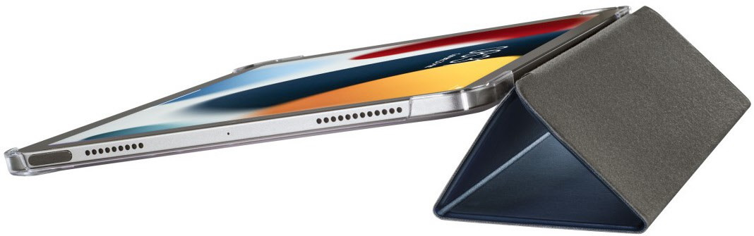 An iPad Pro with a smart folio case. The case is open, propped up, showing the screen.