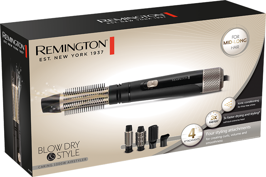 Box einer Remington Blow Dry Style Air Styler, mit angezeigten Aufsätzen.