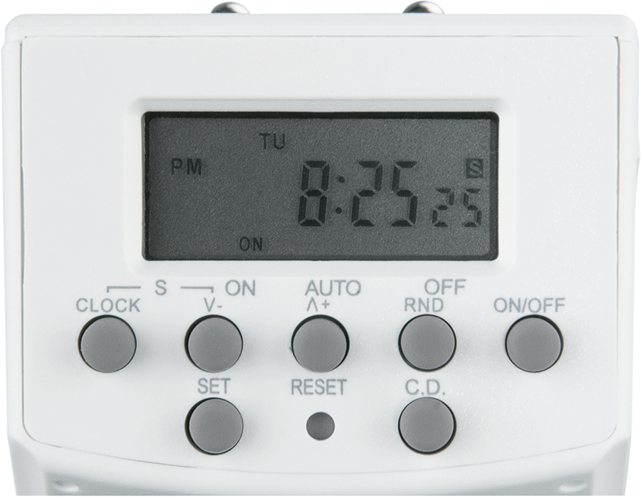 Witte digitale timerklok, die 8:25:25 aangeeft, met verschillende knoppen eronder.