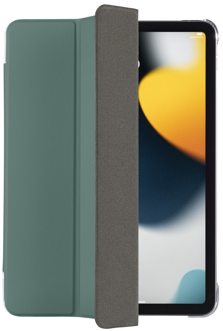 An open tablet with a green cover and a gray edge.