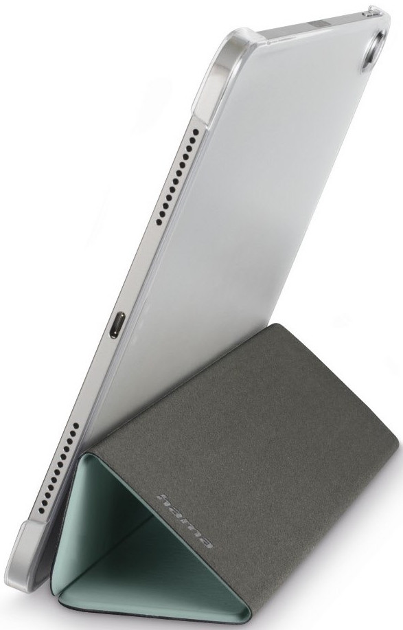 Silver tablet in a gray case, standing on a triangular stand. White background.