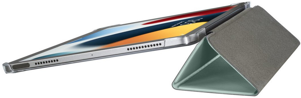 A tablet with a protective case, angled open, showing the screen.