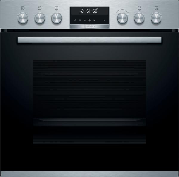 Ein Edelstahl-Backofen mit Bedienelementen oben. Ein digitales Display zeigt Zeit und Temperatur an. Schwarze Tür.