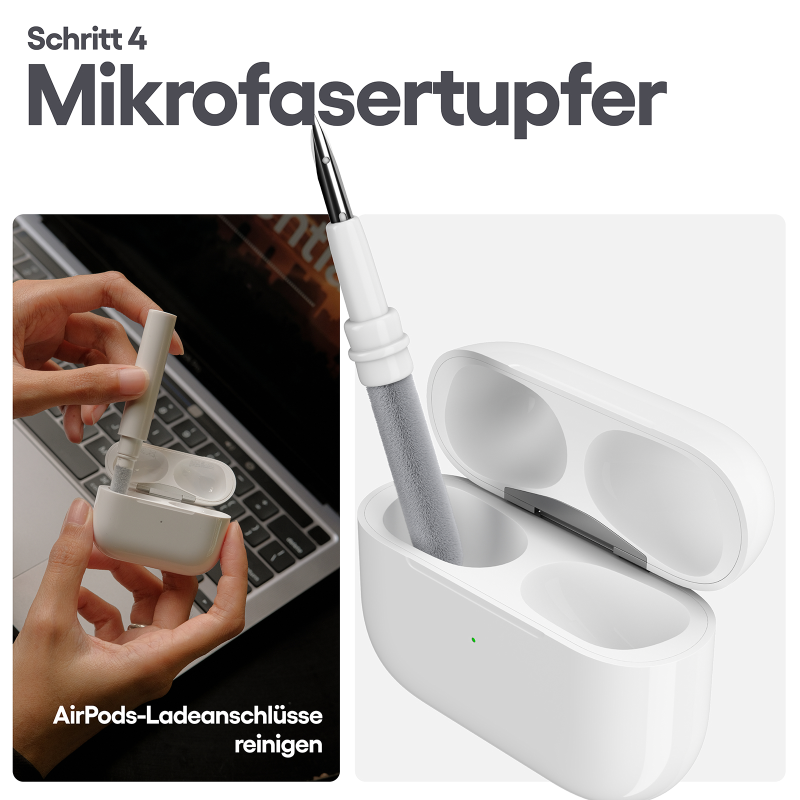 Reinigung eines AirPod-Ladecases mit einem Reinigungswerkzeug und einem Mikrofasertupfer.