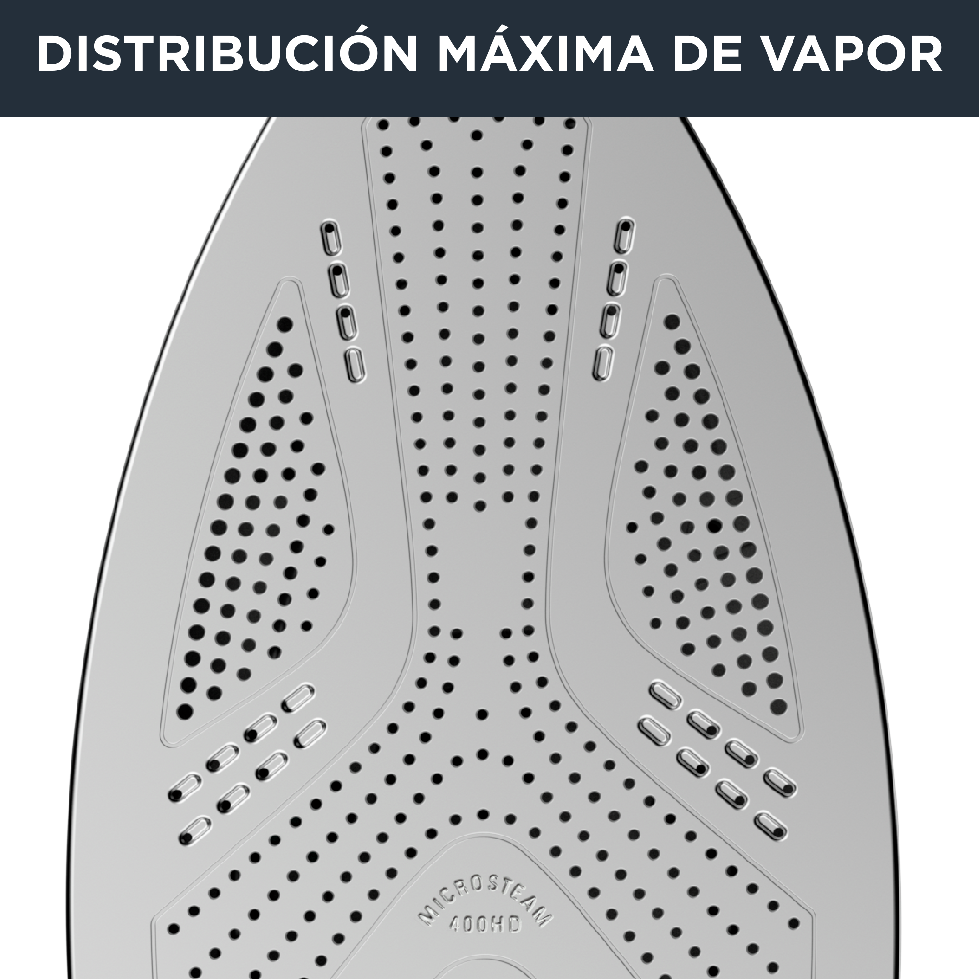 Suela de plancha con muchos agujeros. Texto: DISTRIBUCIÓN MÁXIMA DE VAPOR.