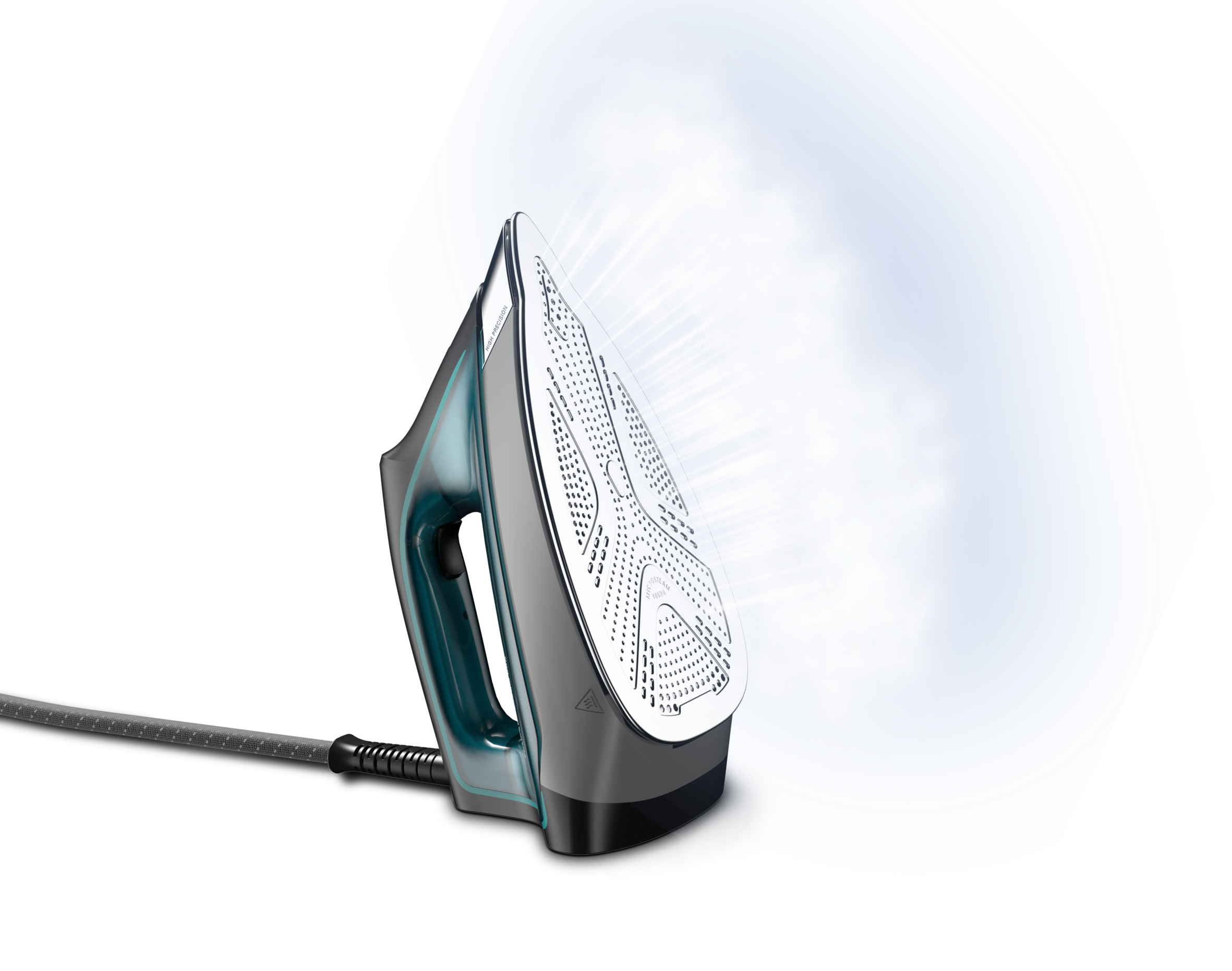 Una plancha de vapor emitiendo vapor. Es turquesa y plateada, y el vapor tiene forma azul.