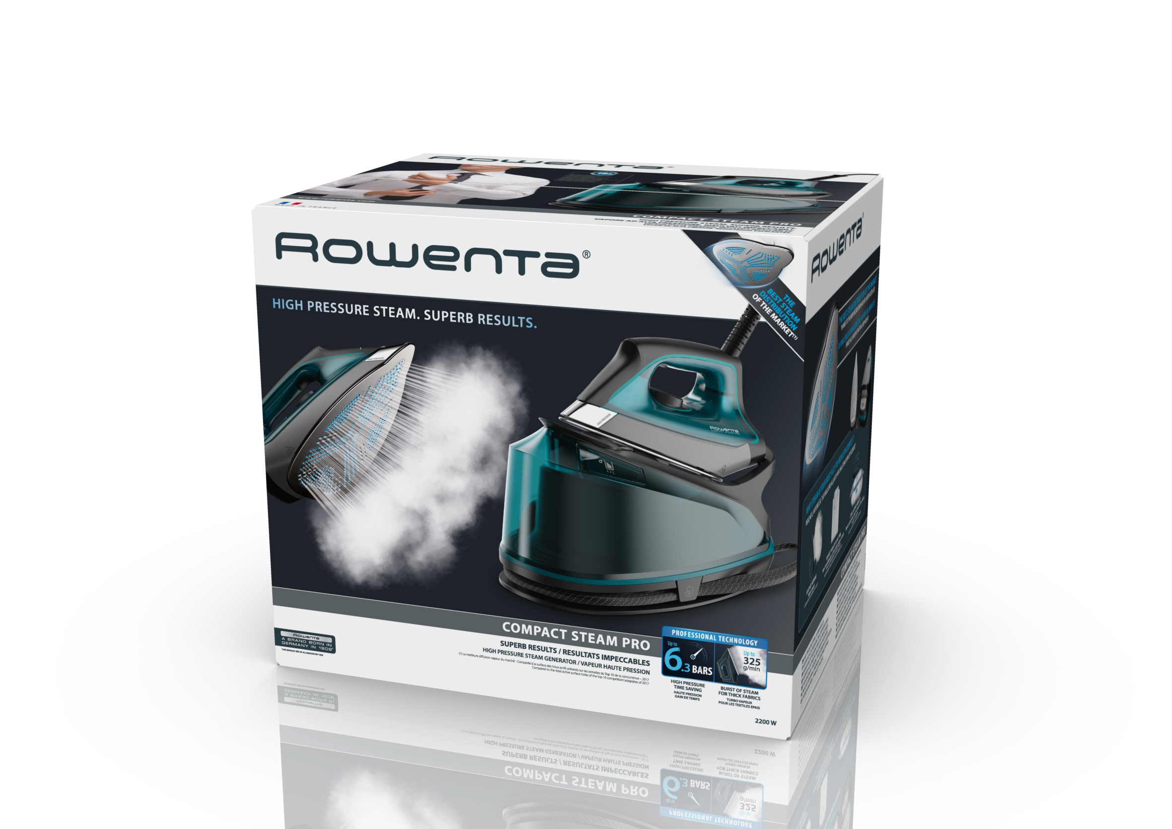 Caja de plancha Rowenta Compact Steam Pro sobre fondo negro. Presenta una plancha de vapor y texto sobre vapor.