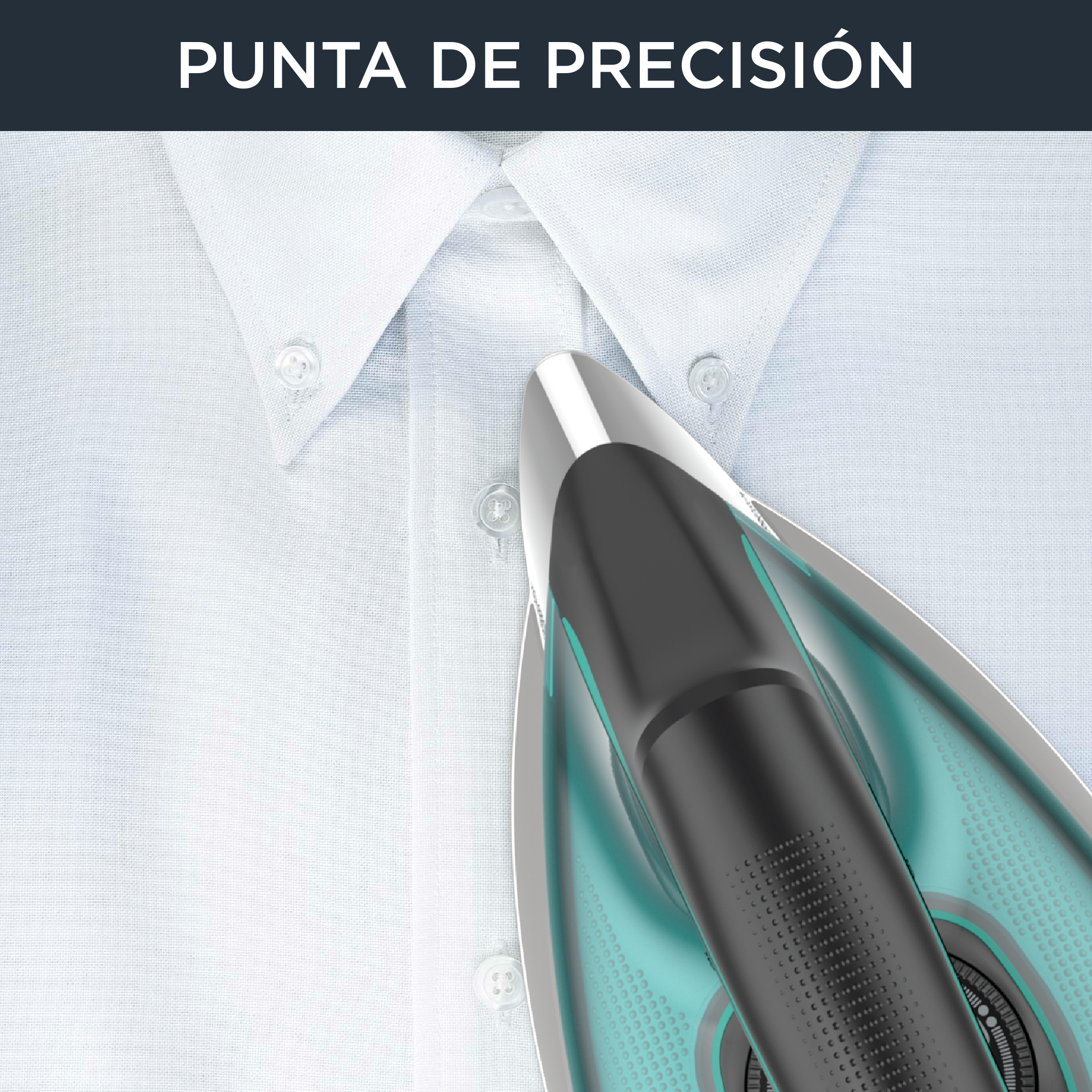 Una plancha planchando una camisa blanca. Texto: 'Punta de Precisión'.