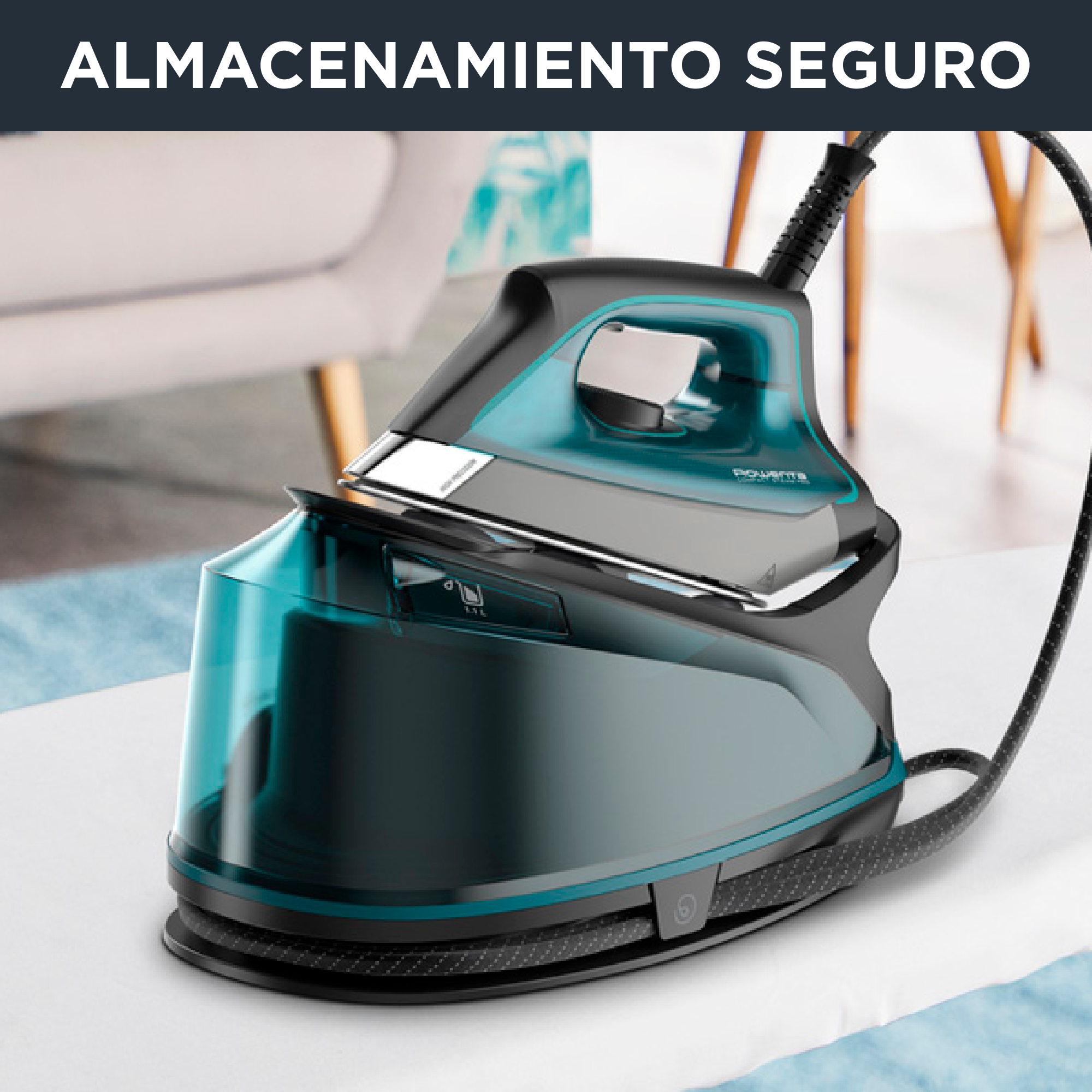 Plancha negra y verde azulado sobre una superficie blanca. Texto: 'almacenamiento seguro'.