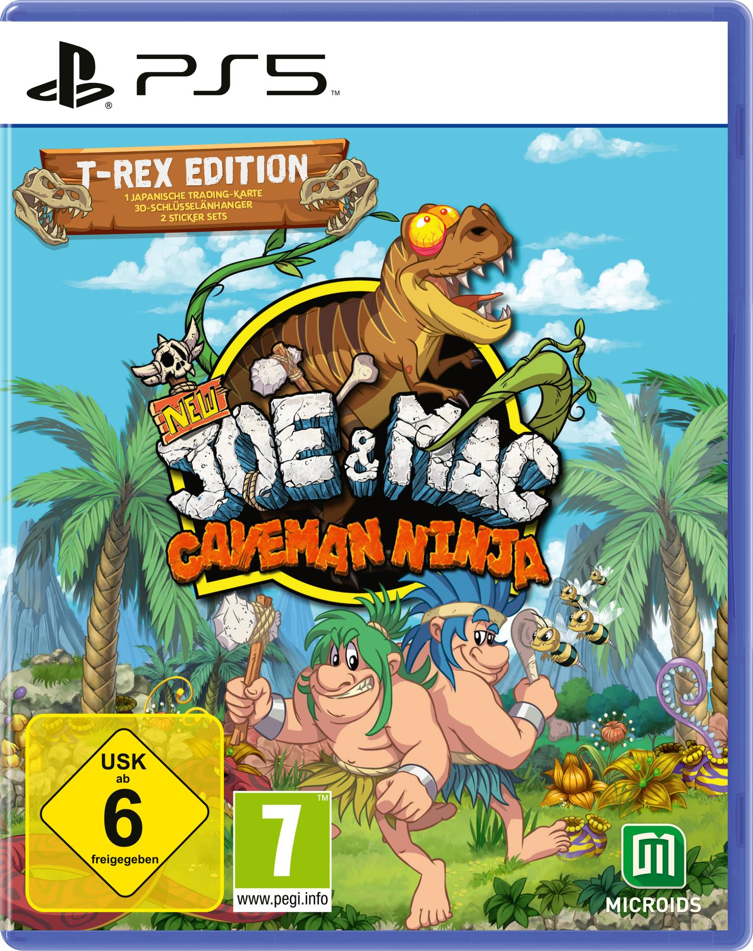 New Joe & Mac: Caveman Ninja PS5-Spielhülle, mit Cartoon-Dinosauriern und Höhlenmenschen.