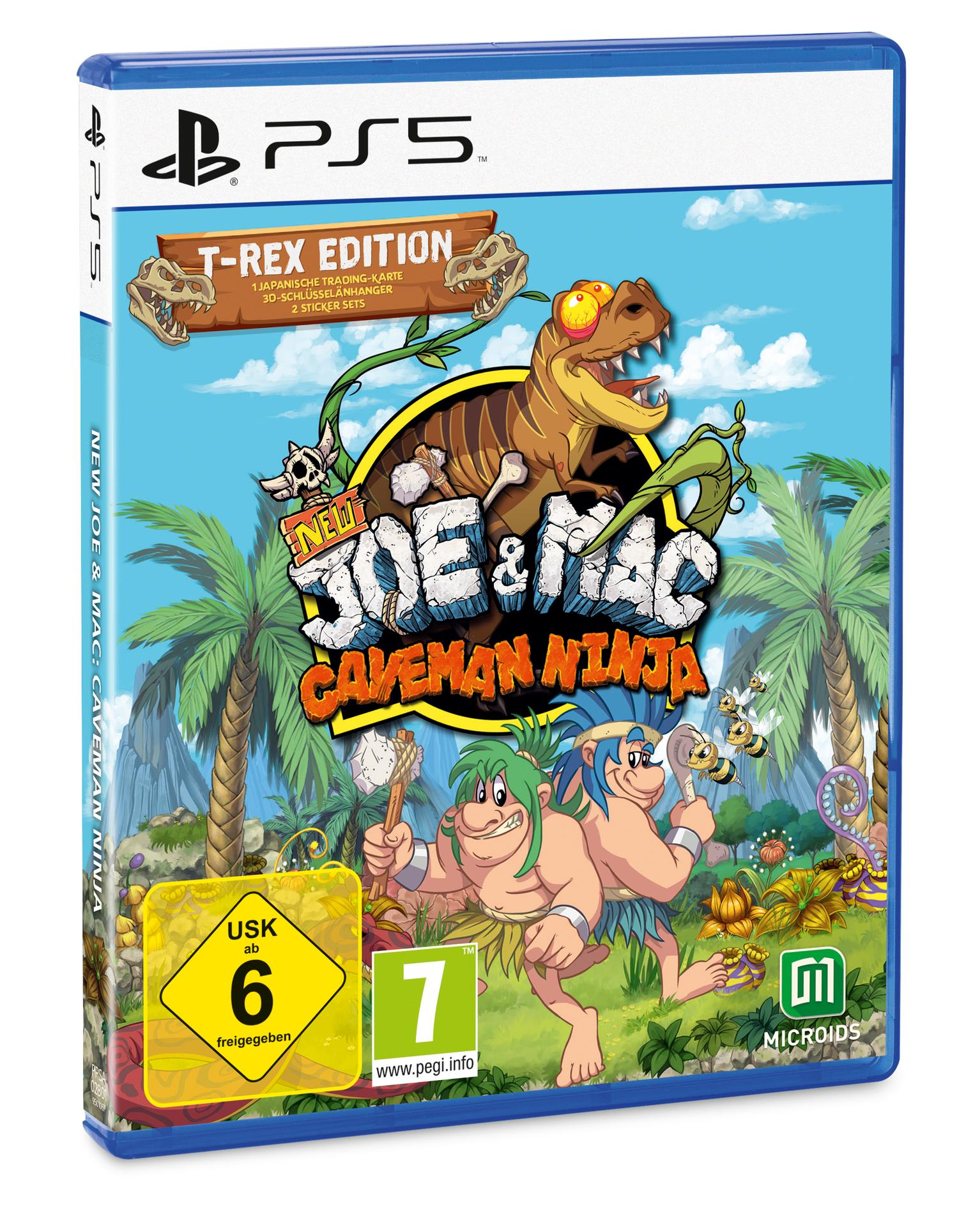 Spielhülle für 'NEW JOE & MAC: CAVEMAN NINJA' mit Zeichentrick-Dinosaurier und Höhlenmenschen.