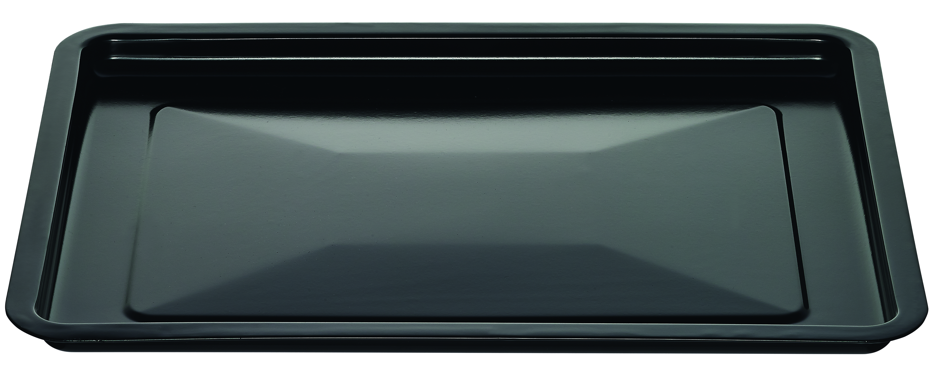 Bandeja de horno rectangular negra, vacía y brillante, con borde elevado.