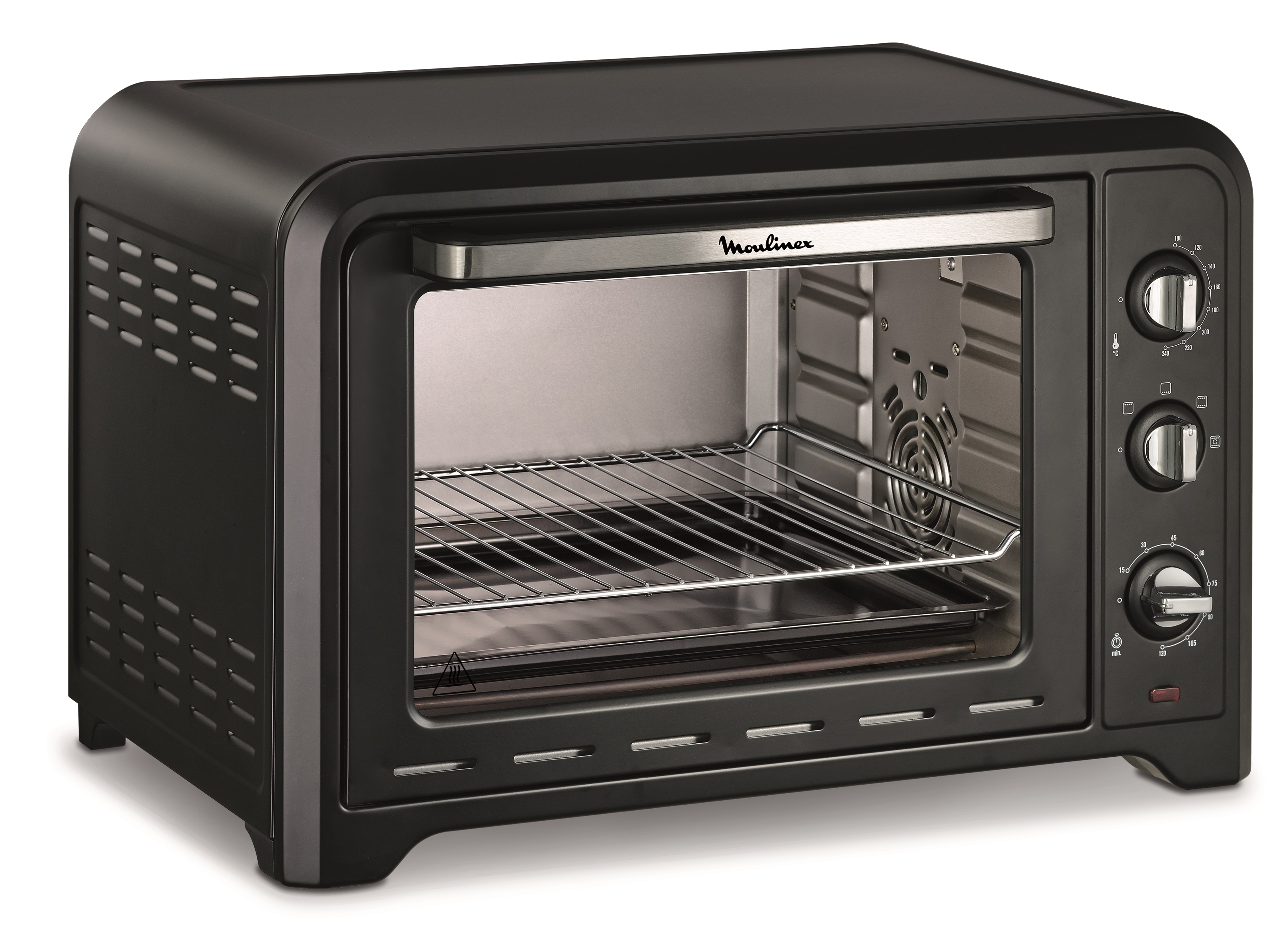 Horno Moulinex negro con puerta abierta. Interior con rejilla y bandeja.