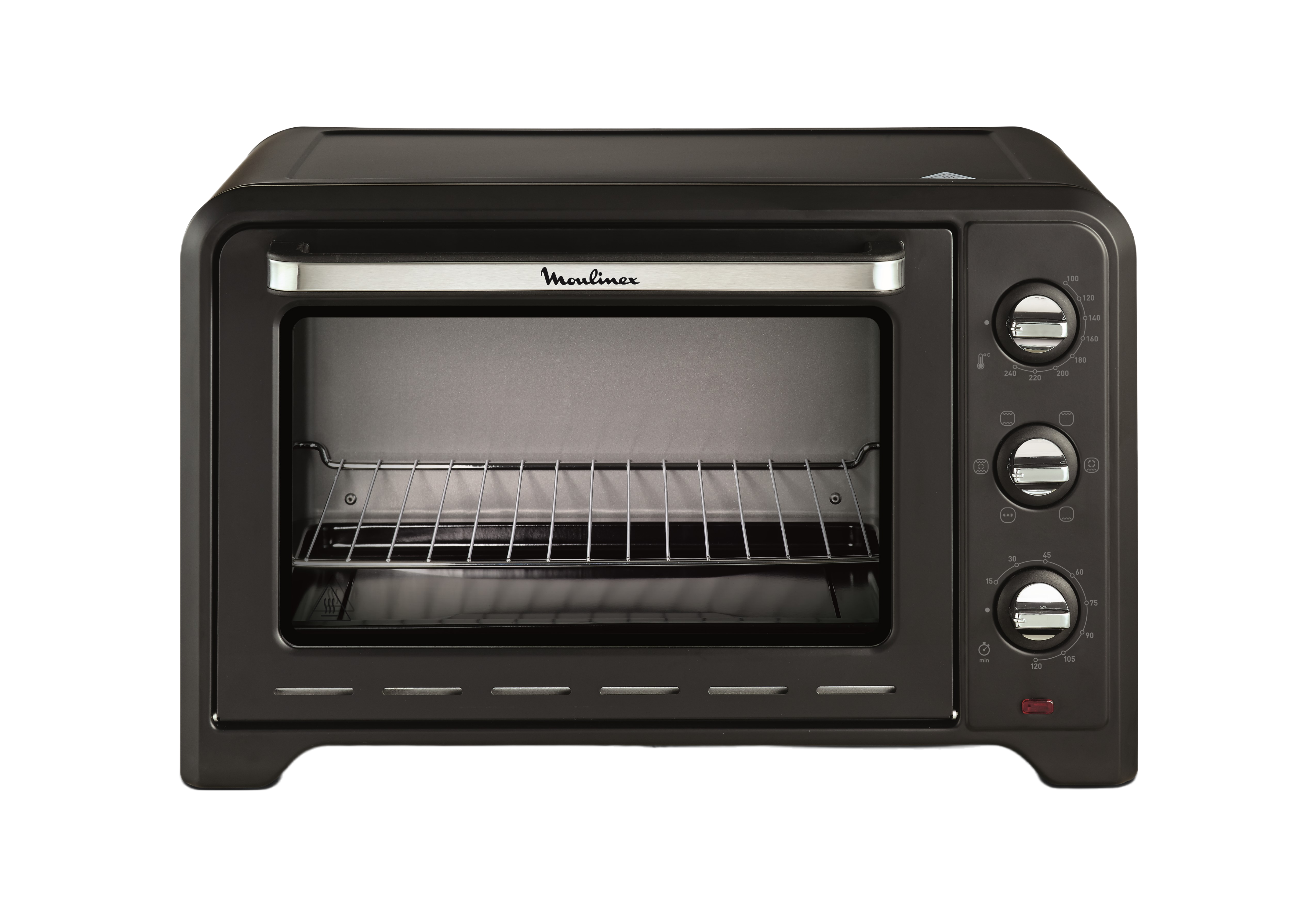 Un horno Moulinex negro con diales y una puerta de vidrio que muestra el interior, con el nombre de la marca en la parte superior.