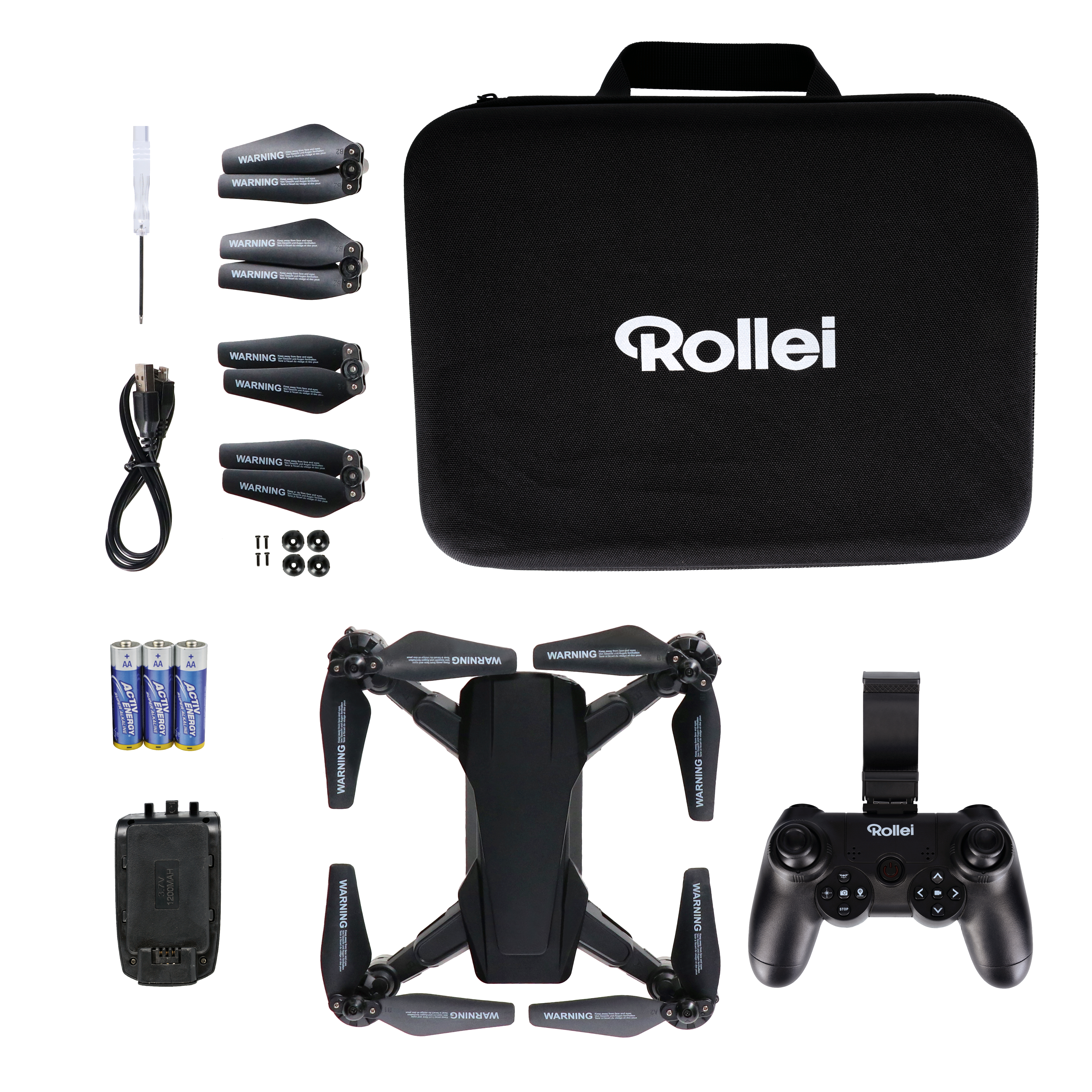 Rollei Drohnen-Set. Eine schwarze Drohne, Fernbedienung und Zubehör auf weißem Hintergrund.