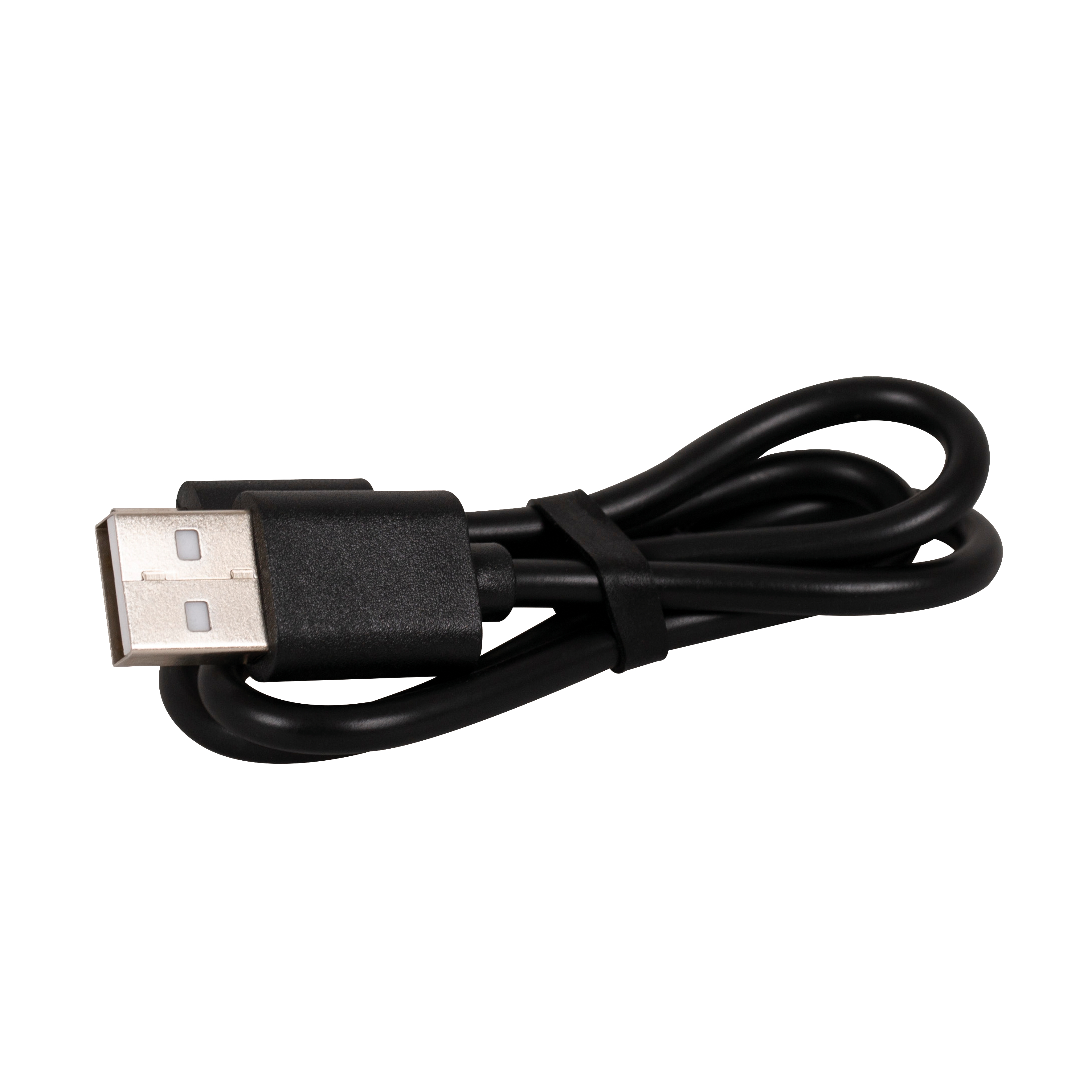 Schwarzes USB-Kabel mit einem USB-A-Stecker an einem Ende. Es ist ein kurzes, gewendeltes Kabel.