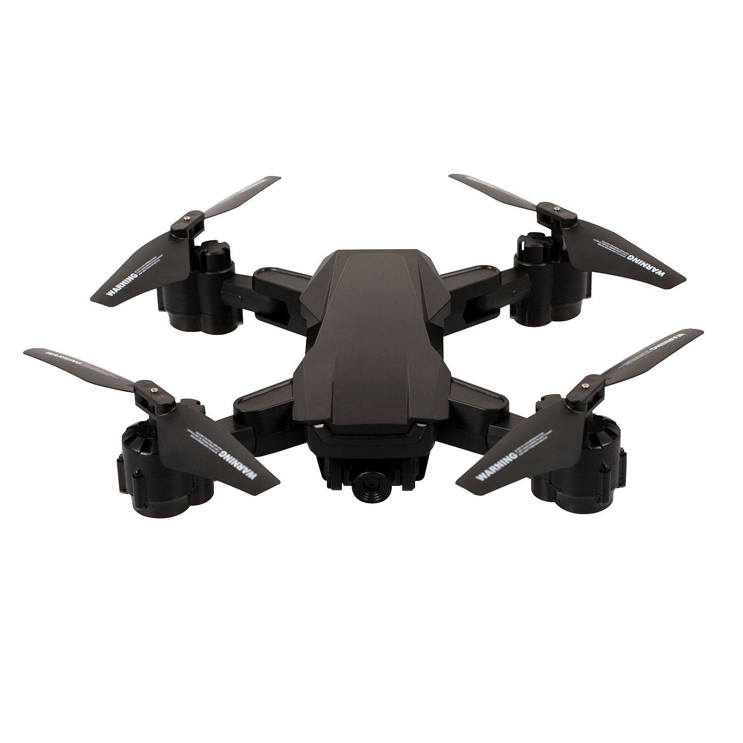 Schwarze Drohne mit vier Propellern und einer Kamera, vor weißem Hintergrund.