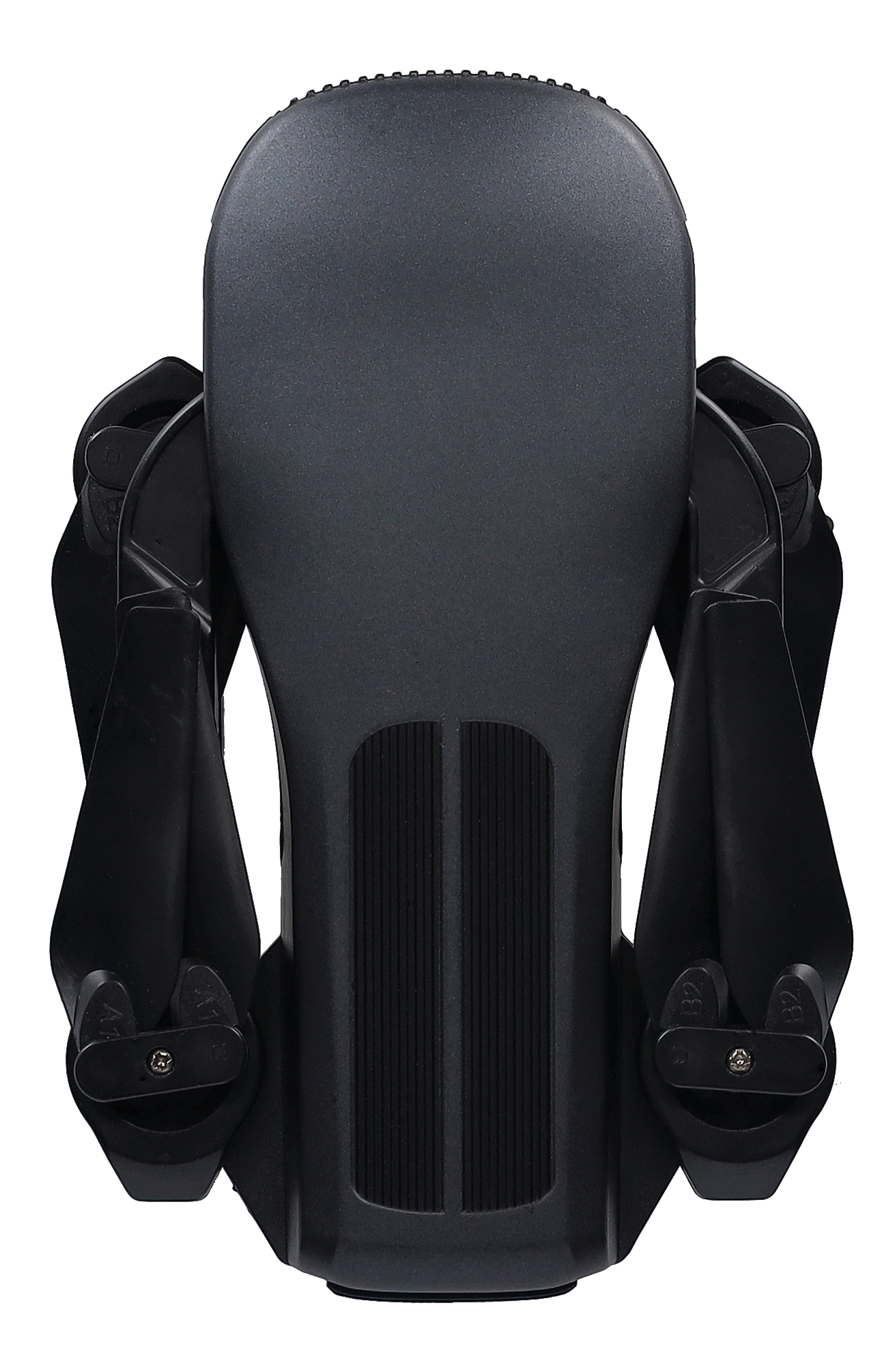 Eine schwarze Snowboardbindung von oben gesehen, mit Fußschlaufen und Basis sichtbar.