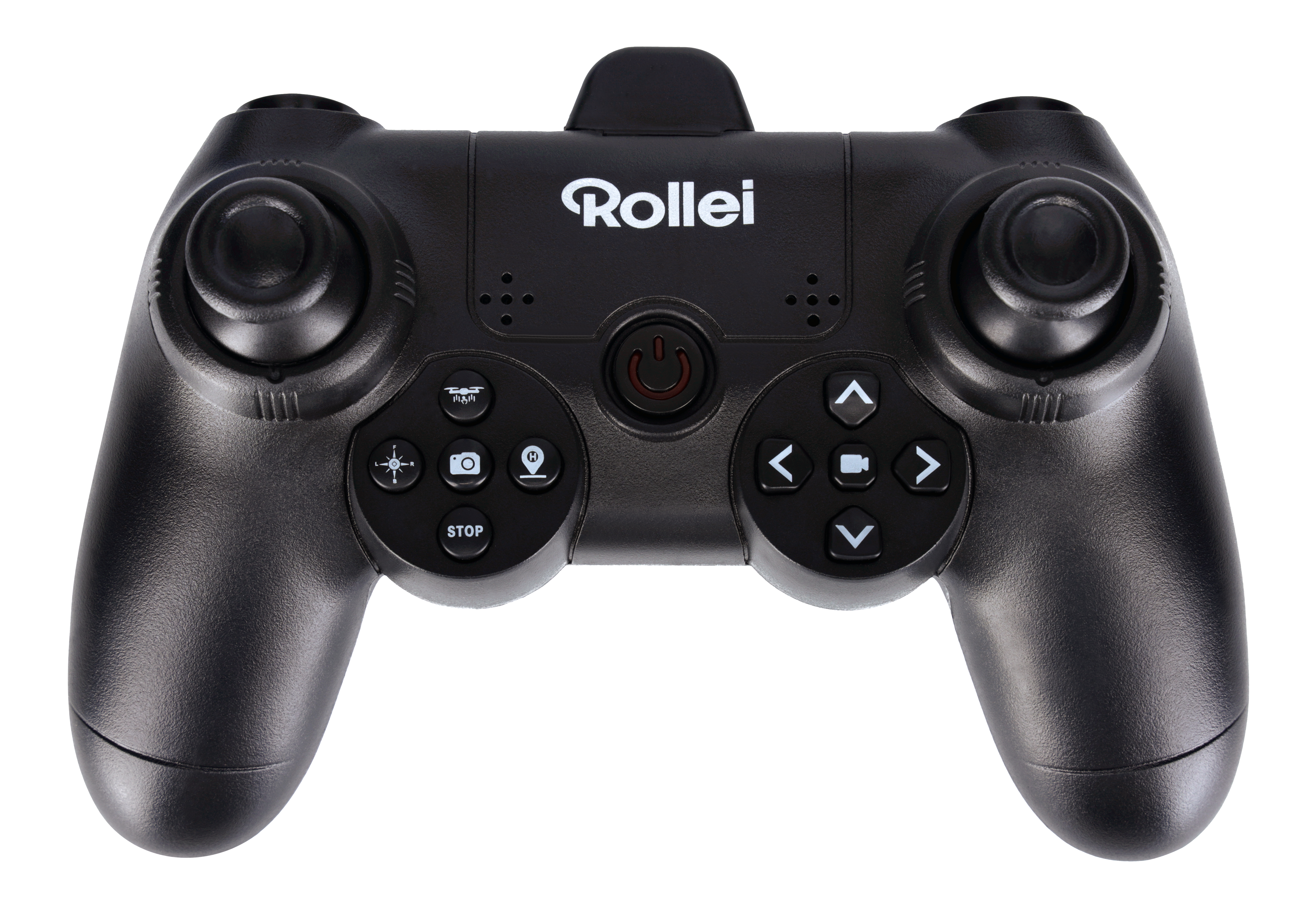 Schwarze Drohnensteuerung mit Knöpfen und Joysticks. Die Marke 'Rollei' ist sichtbar.