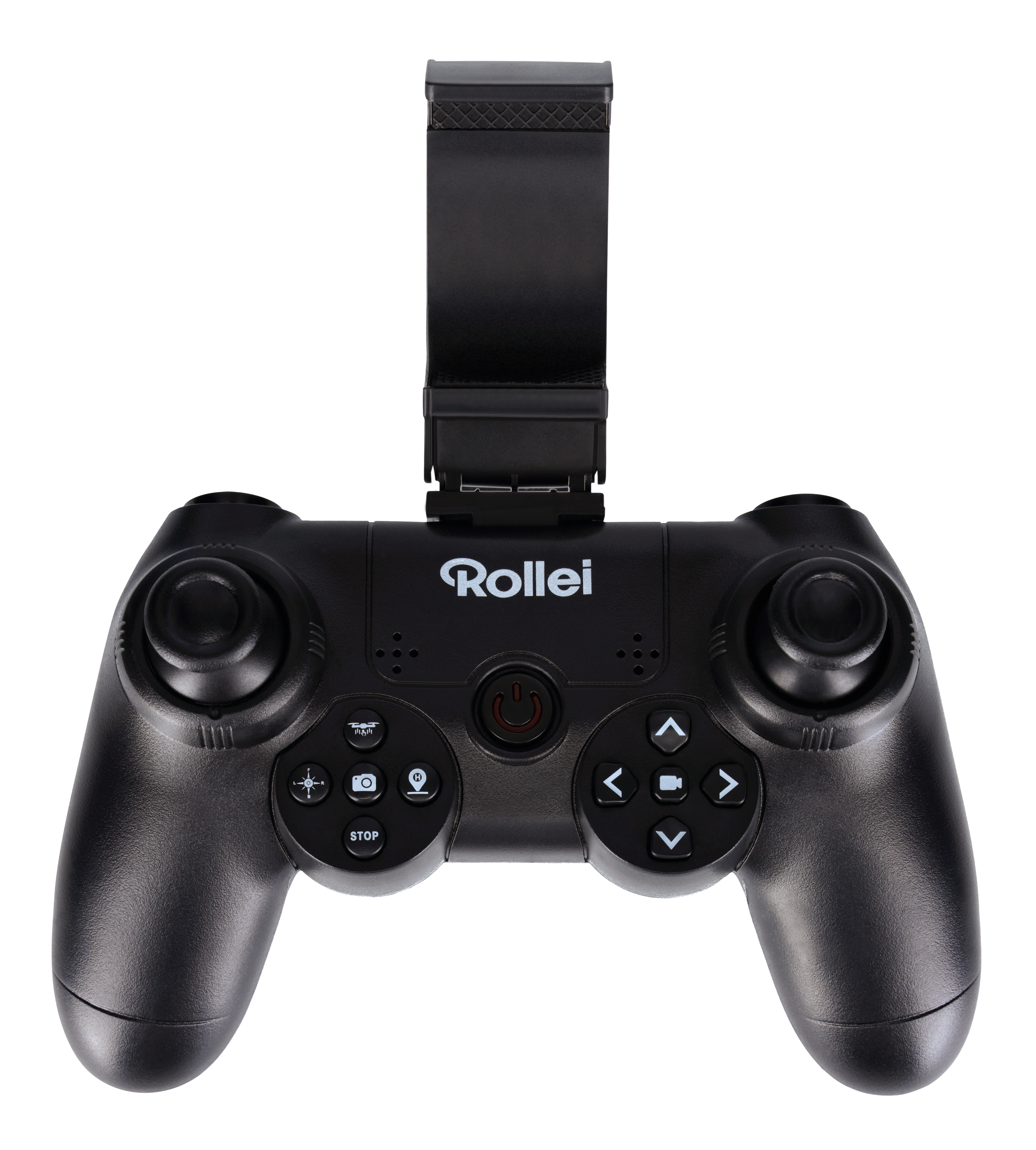 Schwarze Rollei Drohnen-Fernbedienung. Enthält Knöpfe und Joysticks. Weißer Hintergrund.