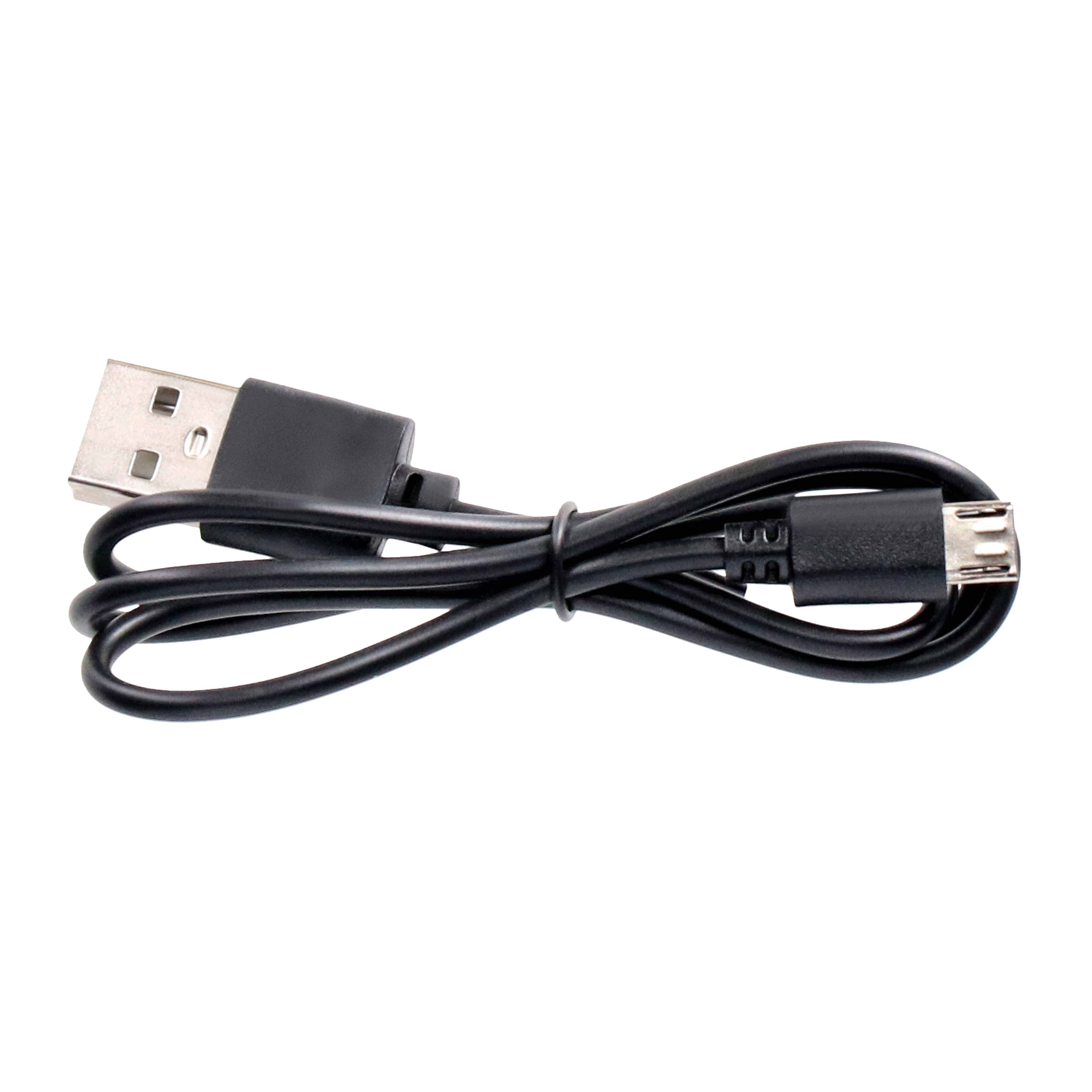 Schwarzes USB-Ladekabel mit einem USB- und einem Micro-USB-Anschluss.