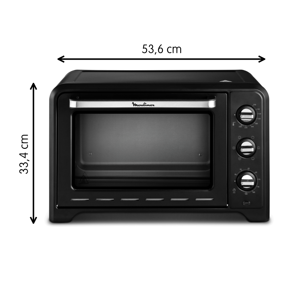 Un horno Moulinex negro con dimensiones marcadas.