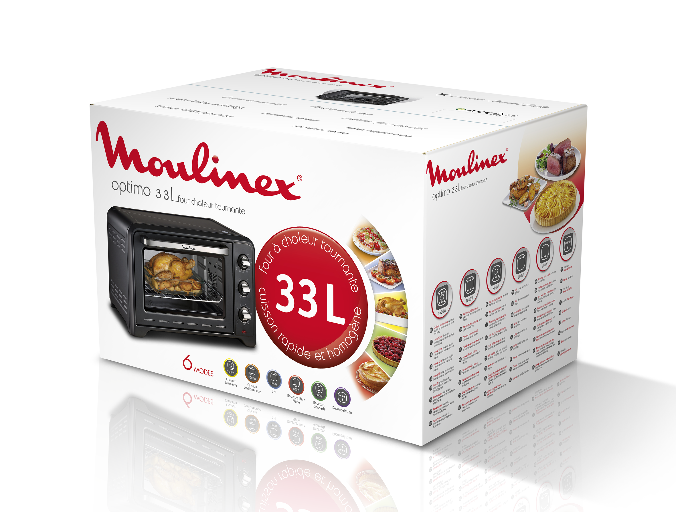 Horno Moulinex Optimo en caja con imágenes de cocina, fondo blanco.