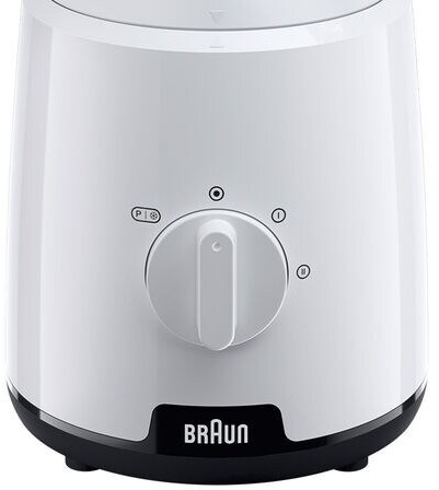 A white blender with a black base and a central dial with settings for speed.