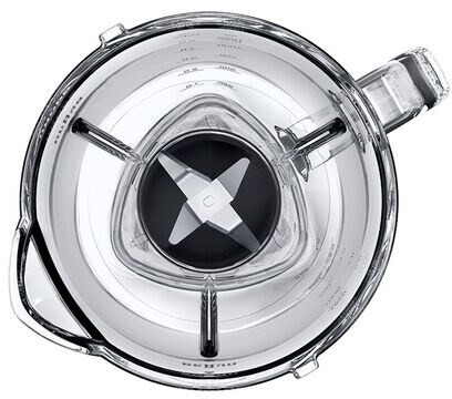 Top view of a blender with a clear container, a blade, and a handle. White background.