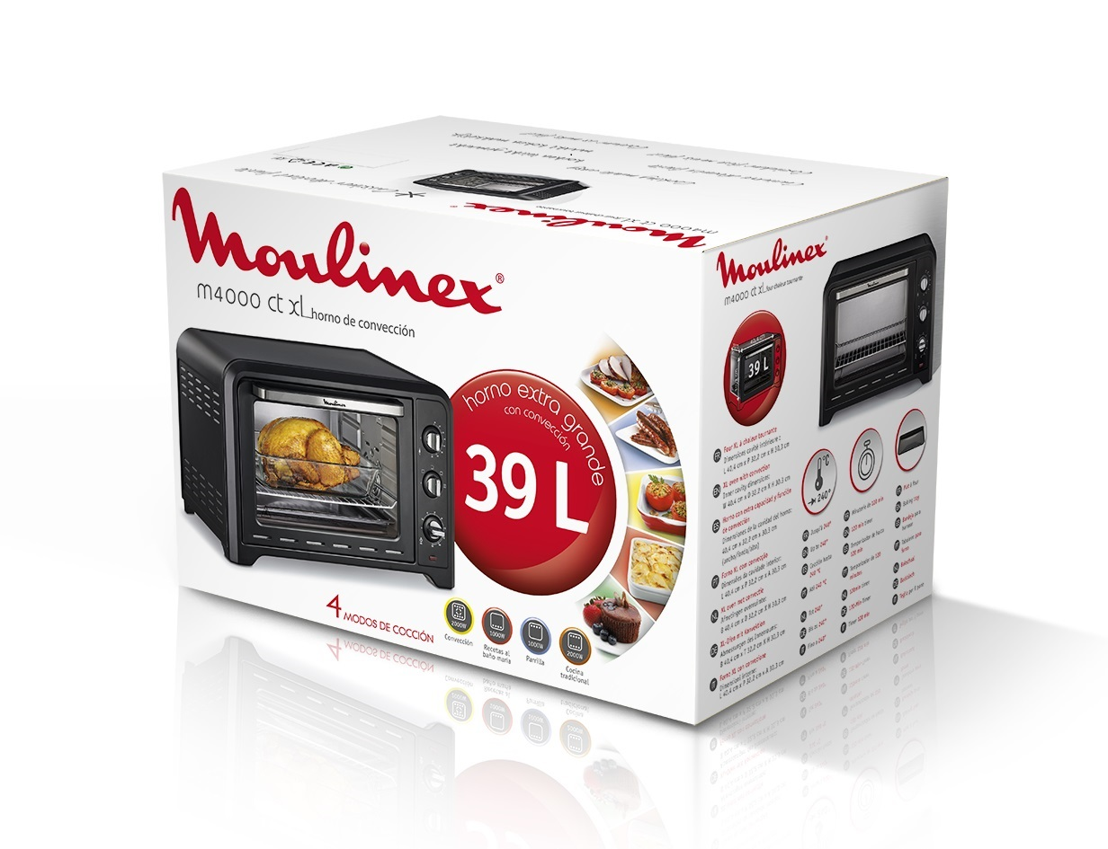 Caja de horno Moulinex. Un horno negro es visible a través de la caja. Cuenta con texto e imágenes.