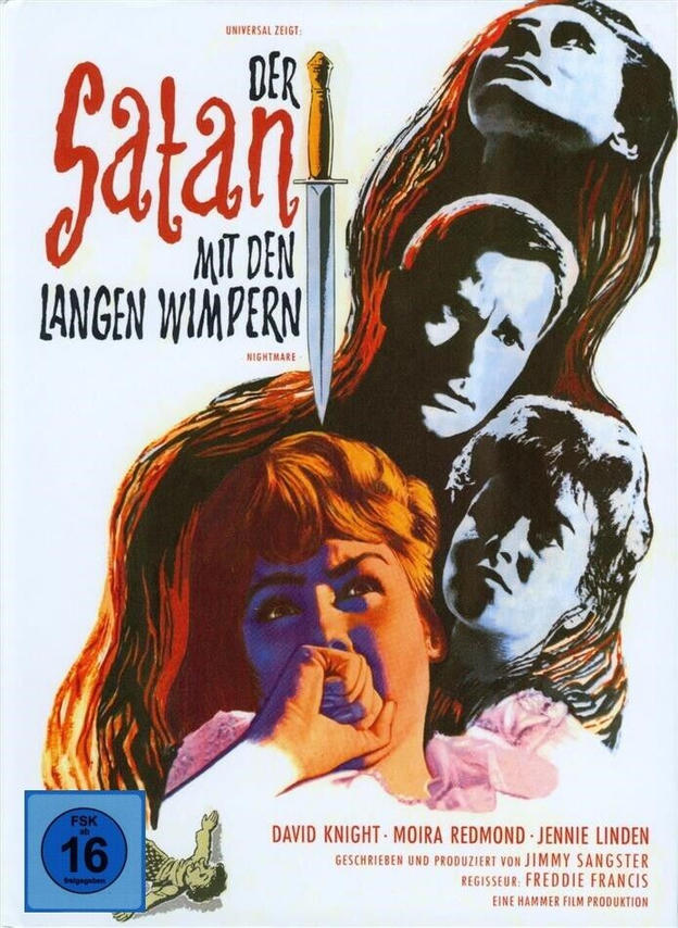 Filmposter: Menschen blicken ängstlich nach oben. Text 'Der Satan mit den langen Wimpern'.